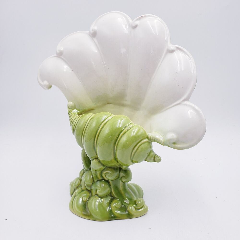 Vintage 1940 Royal Haeger Hickman Shell Planter or Vase Green & White #483